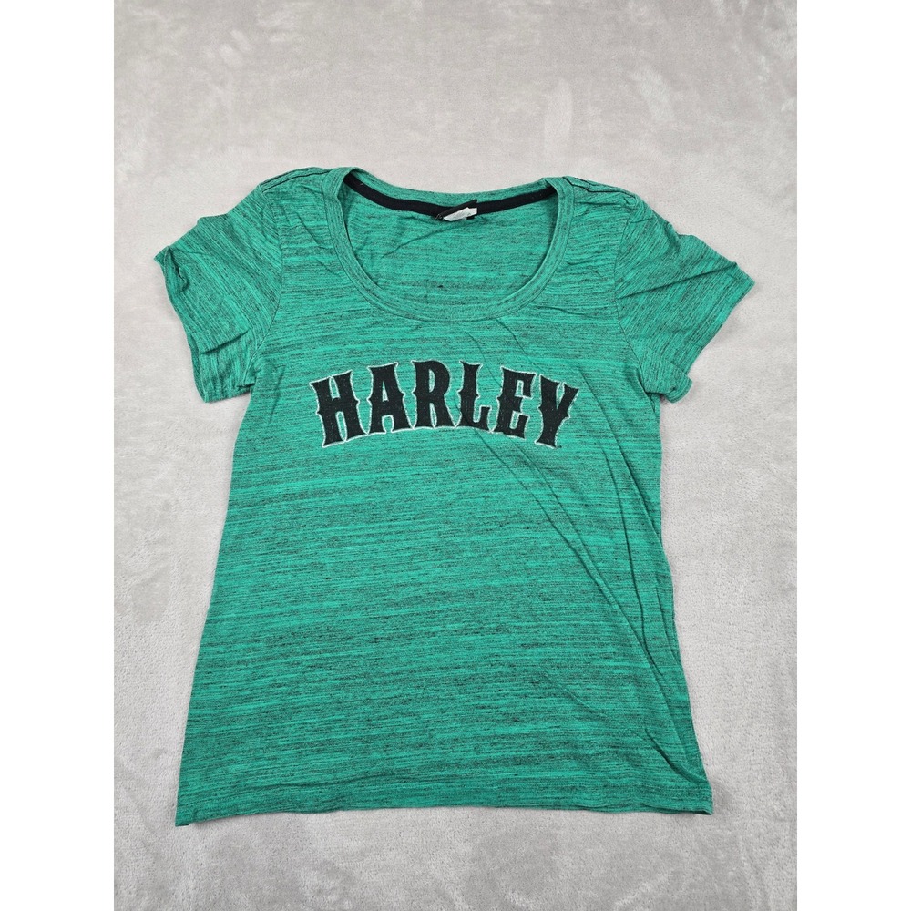 Harley Davidson T-Shirt Womens L Fit S Green Graphic Scoop Neck Tee Biker Moto